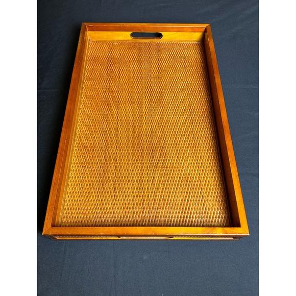 Vintage Wooden Rattan Large Serving Tea Fruit Dinner Tray 21" x 13.5” - Picture 1 of 8